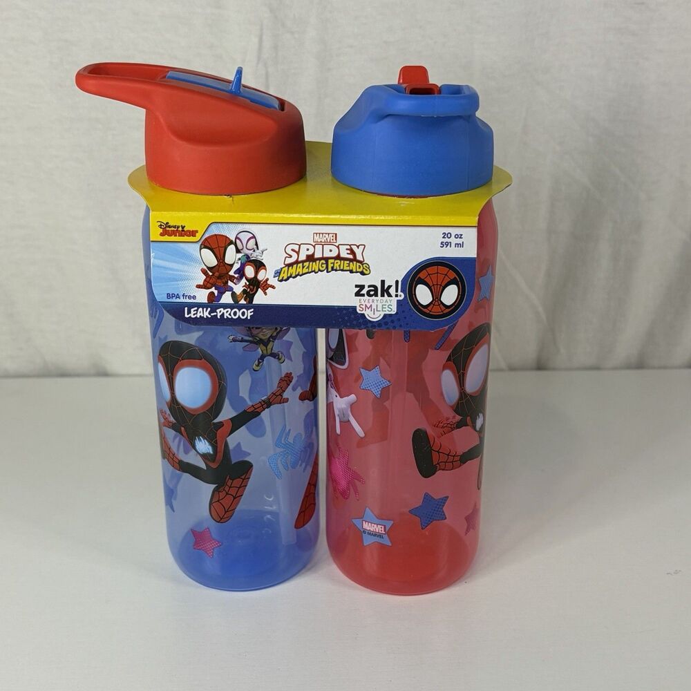 Marvel Spidey Sip Water Bottle w/Carry Loop 16 oz Sippy Cup zak 2pk Designs